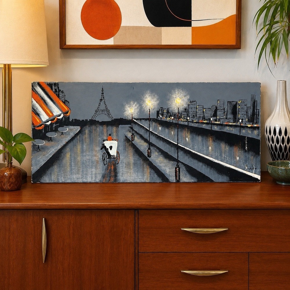 Vintage MCM 1950s Signed Paris Eiffel Tower Oil Painting French Cityscape 36x15